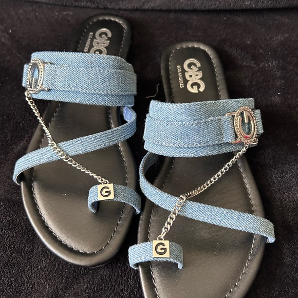 G by Guess Shoes - G by Guess Light Blue Denim Chain-Accent Slide Sandals
